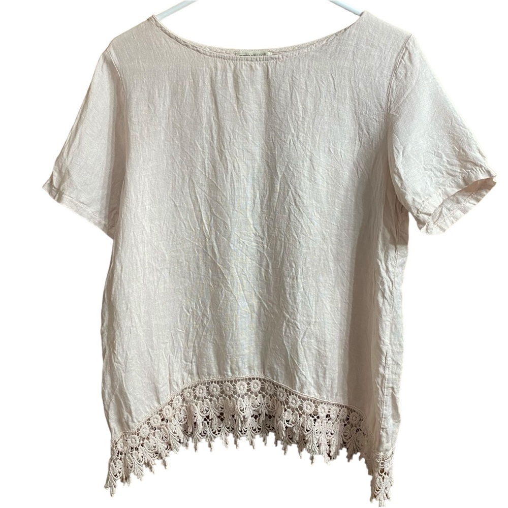 Terzo Millennio Cream Lagenlook Linen Crochet Hem Short Sleeve Blouse Top Size M